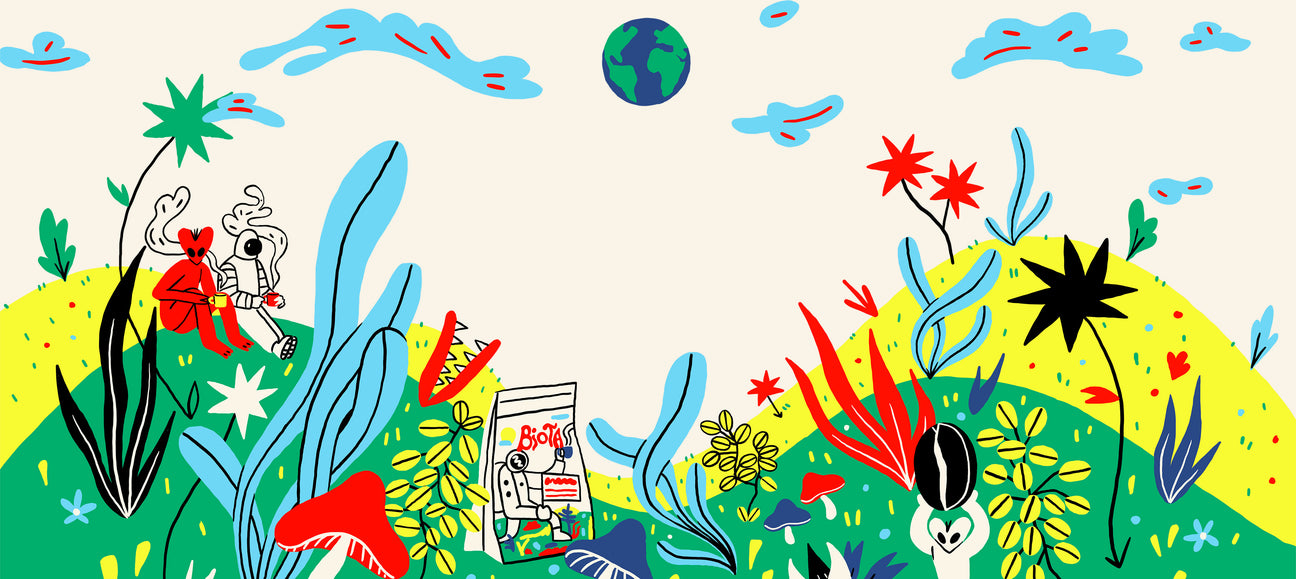 Coffee-filled hills with cheerful aliens, astronaut, clouds, and plant life