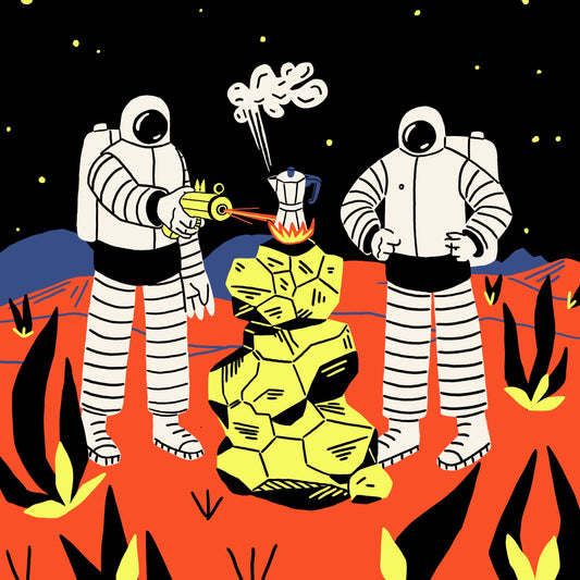 Astronauts heating a moka pot with a laser gun 