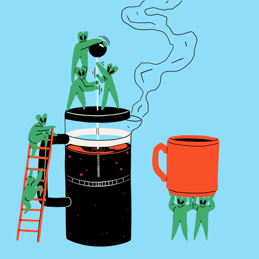 Aliens brewing coffee with a french press 
