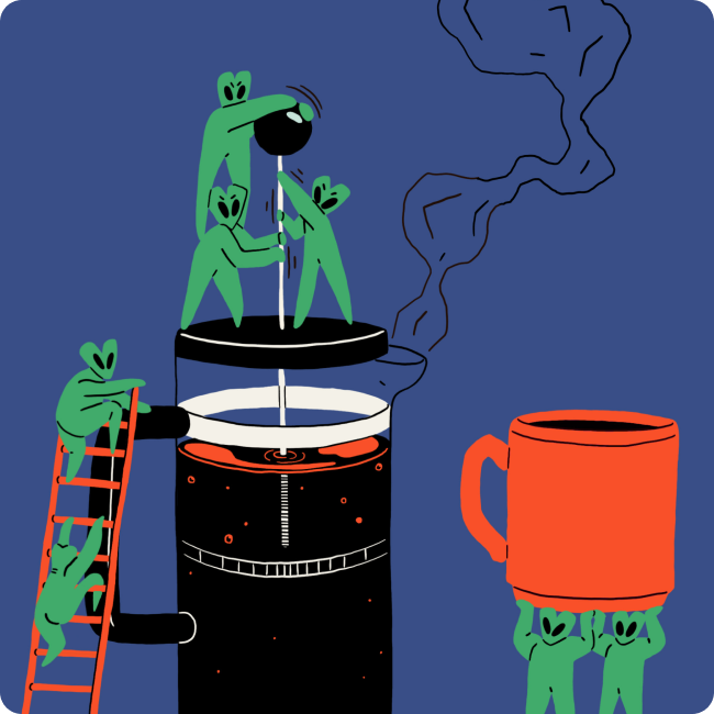 Six little aliens working together to brew giant french press coffee
