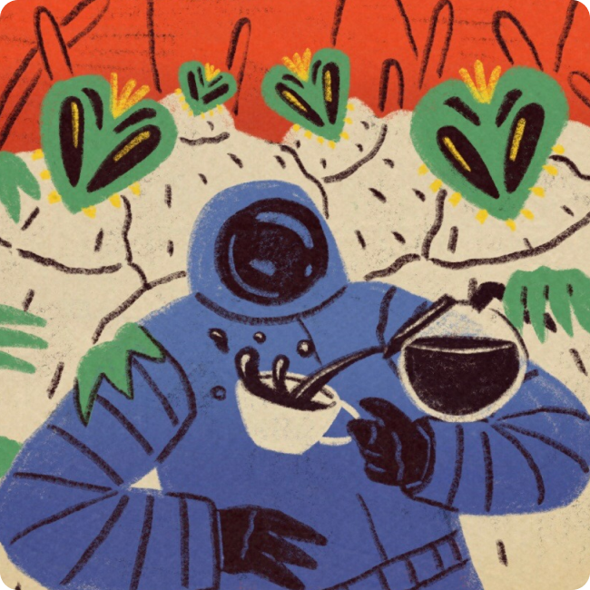 Team of 4 aliens in sweaters gathered around astronaut, pouring astronaut a cup of coffee